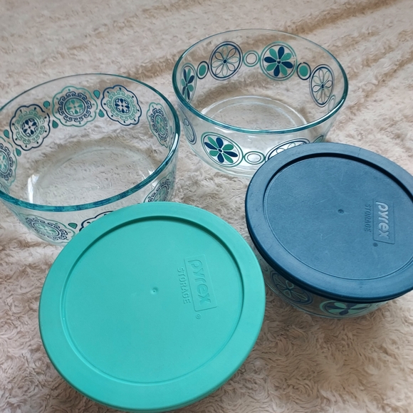 Pyrex Simply Store Decorated Glass Storage Containers 6 pcs Bowl Set MCM Retro - Picture 2 of 9